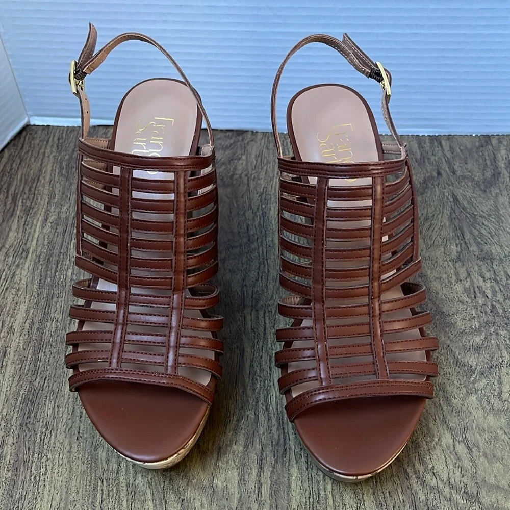 Franco Sarto Sombre Brown Cork Wedge Strap Platform Sandals Size 8.5